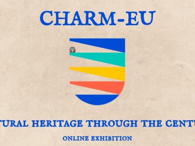 CHARM-EU Logo and the text "Cultural Heritage through the centuries" with a beige background.