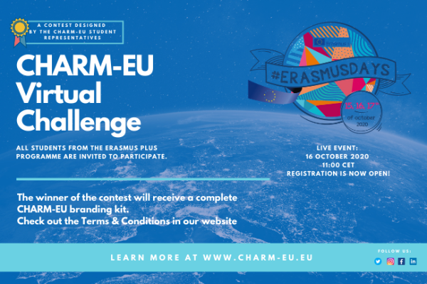 CHARM-EU Virtual Challenge and #ErasmusDays logo with the Europe map in the background.