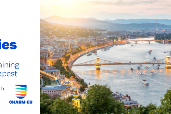 Banner with a photo of Budapest and text: CHARM-EU mobility opportunities -  Intercultural Staff Training in Budapest for professional staff working with international students and staff