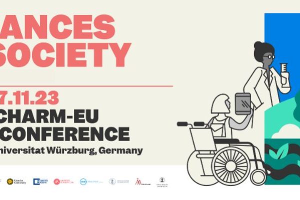 Alliances for Society 07.11.23 2023 CHARM_EU Annual Conference Julius-Maximilians Würzburg University with a drawing of a scientist, a student with a laptop in a wheelchair and a men around a small city with solar and wind energy a mountain and the sun.