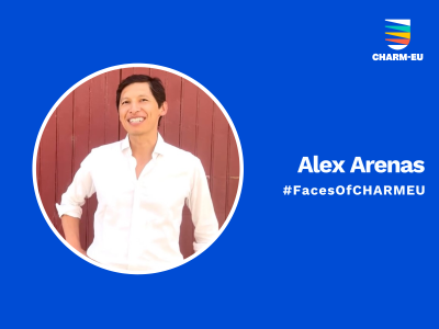 Portrait of a CHARM‑EU member featured in a “Faces of CHARM‑EU” profile graphic, with the name Alex Arenas displayed alongside CHARM‑EU branding.