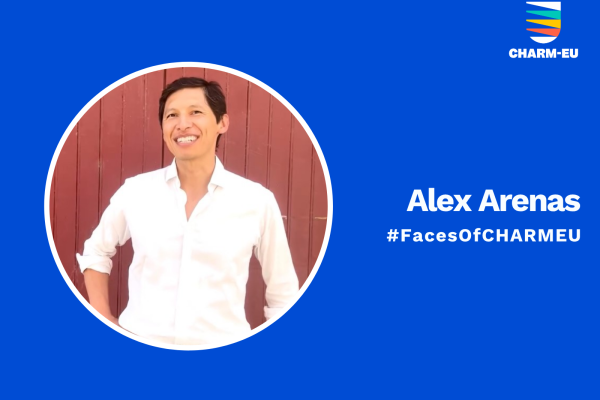 Portrait of a CHARM‑EU member featured in a “Faces of CHARM‑EU” profile graphic, with the name Alex Arenas displayed alongside CHARM‑EU branding.