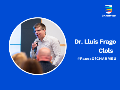 Portrait of a CHARM‑EU member speaking into a microphone, featured in a “Faces of CHARM‑EU” profile graphic.