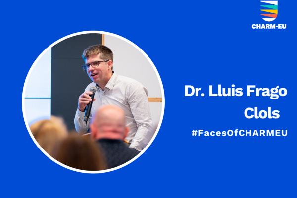 Portrait of a CHARM‑EU member speaking into a microphone, featured in a “Faces of CHARM‑EU” profile graphic.