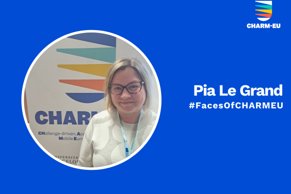 A graphic for the #FacesOfCHARMEU series featuring a circular portrait of Pia Le Grand against a solid blue background. She is a woman with blonde hair and glasses, smiling while wearing a patterned light-colored top and a lanyard, standing in front of a CHARM-EU banner. To the right of the portrait, the white text reads "Pia Le Grand" followed by "#FacesOfCHARMEU", with the multi-colored CHARM-EU alliance logo located in the top right corner.