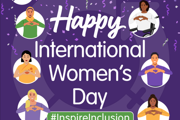 International Women's Day poster. Visuals : 6 icons of people making a heart with their hands, purple background. Text: Happy International Women's Day, #inspireinclusion #IWD2024