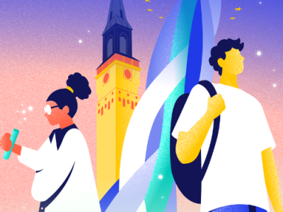 Illustration of two students with academic symbols and a university tower, representing European university alliances.