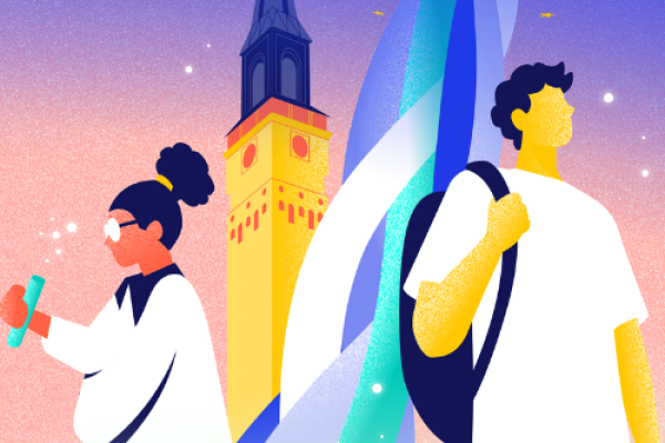 Illustration of two students with academic symbols and a university tower, representing European university alliances.