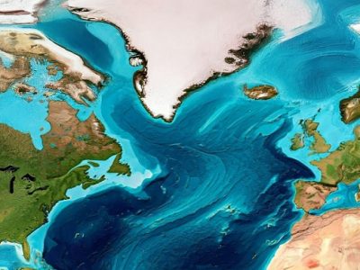 Map of the North Atlantic Ocean and surrounding continents, illustrating the Atlantic meridional overturning circulation and major ocean currents.
