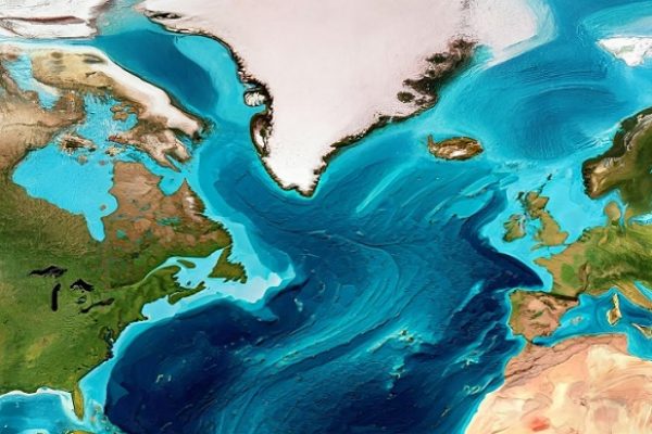 Map of the North Atlantic Ocean and surrounding continents, illustrating the Atlantic meridional overturning circulation and major ocean currents.