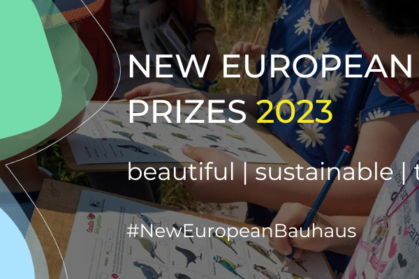 Logo of the New European Bauhaus with children drawing in the background and a title saying: New European Bauhaus Prizes 2023 - beautiful, sustainable, together