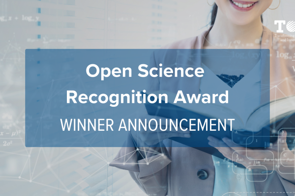 Cover image with a woman reading in the background and the title: Open Science Recognition Award