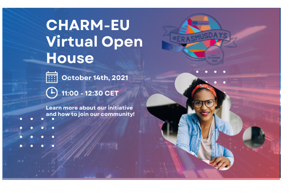 CHARM-EU Open House poster with a woman and the Erasmus Days logo