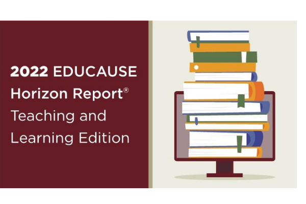 Educause Horizon Report cover. Piles of books