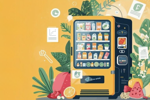 Colorful illustration of a vending machine stocked with healthy snacks, juice bottles, and plants, surrounded by tropical leaves and fresh fruit on a yellow background.