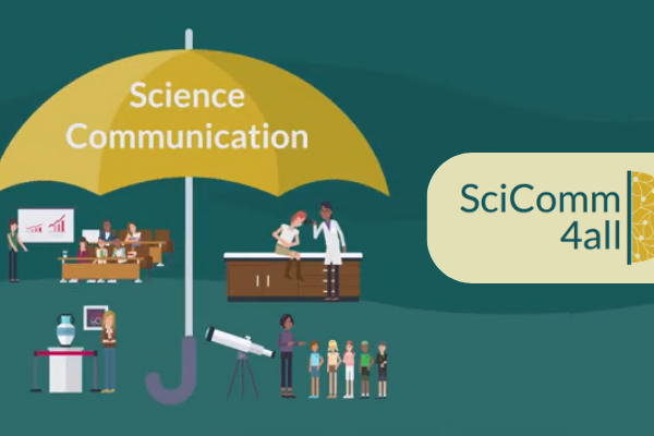 Various activities depicted under an umbrella with the title "Science Communication" and with the logo of SciComm4All