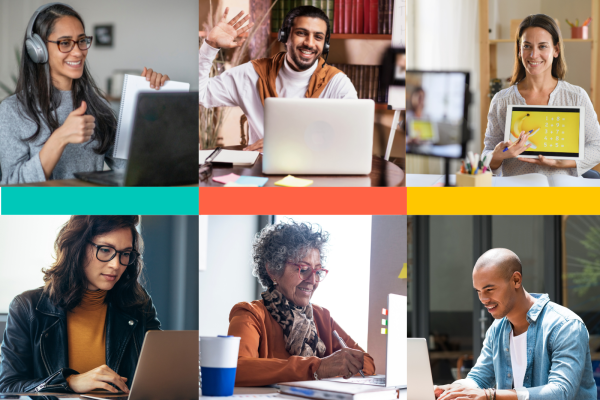 6 persons working with a computer or a tablet. Each one in an individual photo.