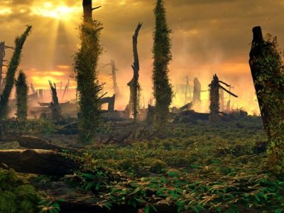 Artist impression of the end-Triassic fern spike interval. Weeding and pioneering ferns are overgrowing the disturbed soils and remains of conifer forests. Credits: Mark Garlick.