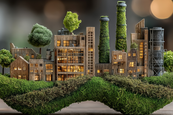 A detailed miniature model of a sustainable city skyline made of natural wood and moss. The buildings feature tiny glowing windows and are integrated with green trees and moss-covered industrial chimneys. The entire scene rests on a floating base of thick, vibrant green moss, set against a soft, blurred background with warm bokeh lights.