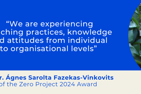 Picture of Dr, Ágnes Sarolta Fazekas-Vinkovits and a quote from the interview:  “We are experiencing enriching practices, knowledge and attitudes from individual to organisational levels” “We are experiencing enriching practices, knowledge and attitudes from individual to organisational levels” “We are experiencing enriching practices, knowledge and attitudes from individual to organisational levels”